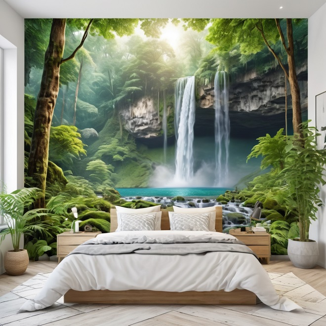 Posztertapéta a szoba falán erdővel, vízeséssel.