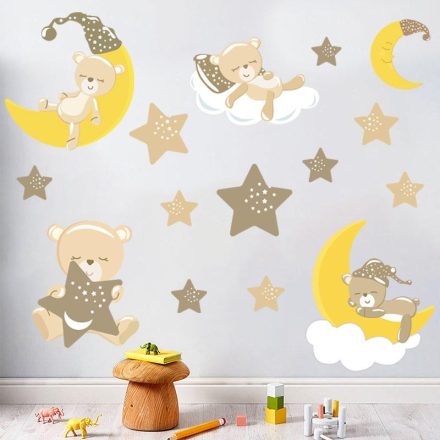 Csillagok között alvó mackók, festett hatású falmatrica gyerekeknek