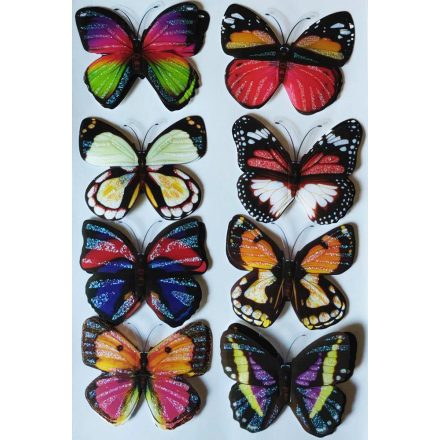 Csillogós színes pillangók 3D matrica, 8 db-os csomag