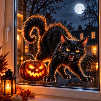   Mérges fekete macska töklámpással, sztatikus halloween kirakatmatrica