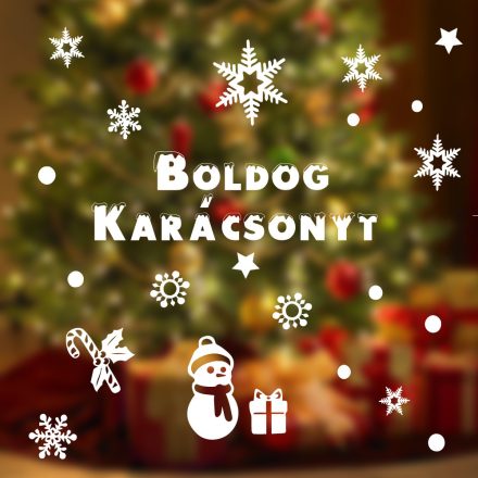 Boldog karácsonyt felirat dekorokkal, ablakmatrica