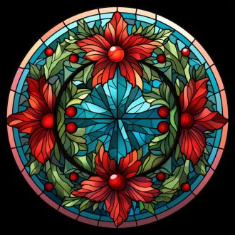   Piros mikulásvirágok körben, ólomüveg hatású ablakmatrica