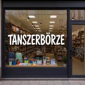 Tanszerbörze, szezonális szöveges kirakatmatrica 