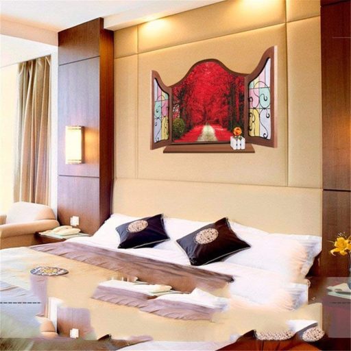 Romantikus út piros leveles fák alatt, ablak falmatrica