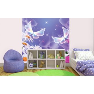   Lila háttér előtt virágok pillangókkal, poszter tapéta 225*250 cm