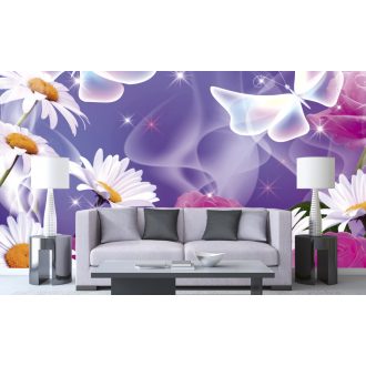   Lila háttér előtt virágok pillangókkal, poszter tapéta 375*250 cm