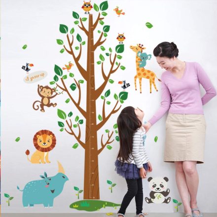 Magasságmérő fa állatokkal, falmatrica gyerekeknek